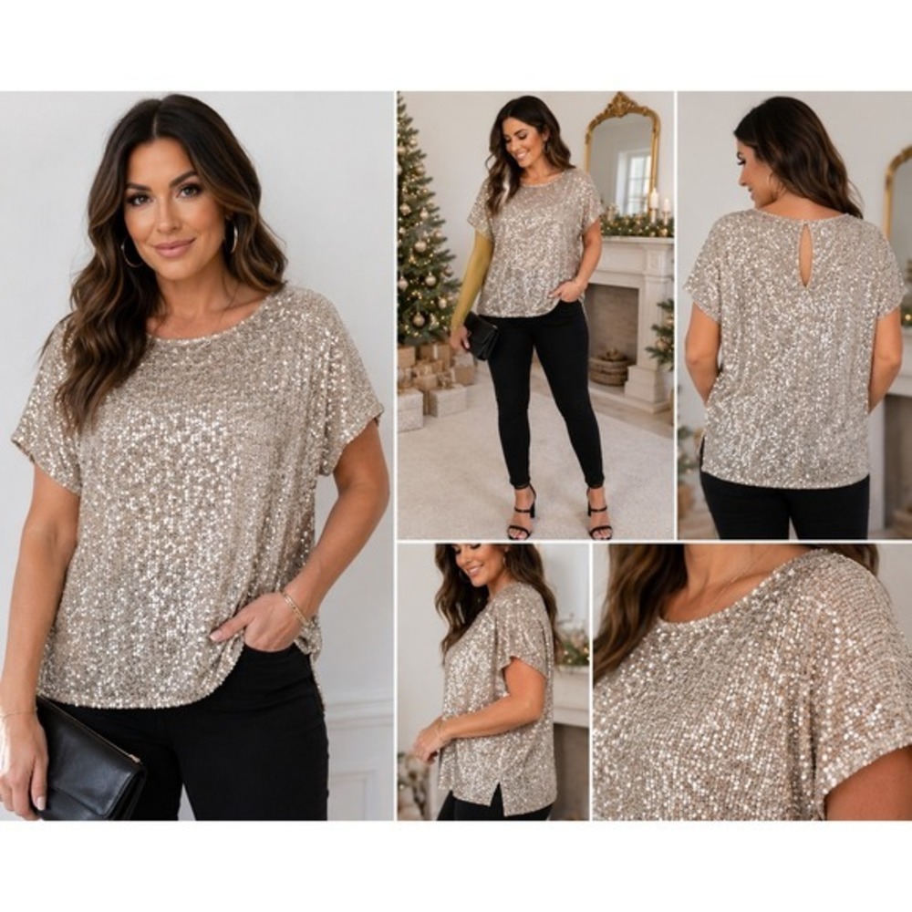 Cable & Gauge Sequin Top Women 1X Gold Champagne Short Sleeve Glam Holiday Part